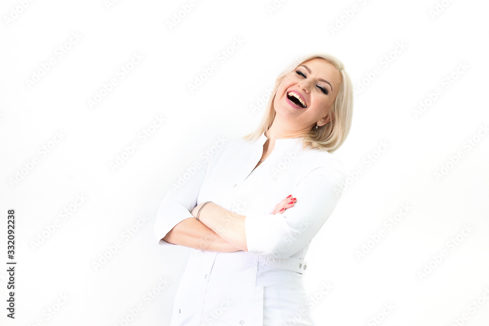 Smiling doctor. Medical uniform. Virus, coronavirus. protection. Sterile equipment for the medical and beauty industries. Copy space, place for text Smiling doctor. Medical uniform. Virus, coronavirus. protection. Sterile equipment for the medical and beauty industries. Copy space, place for text