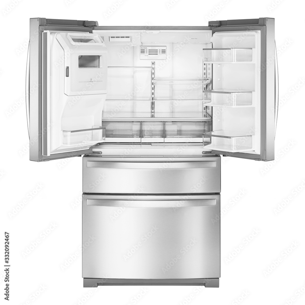 Open Refrigerator Isolated on White Background. Front View of Stainless