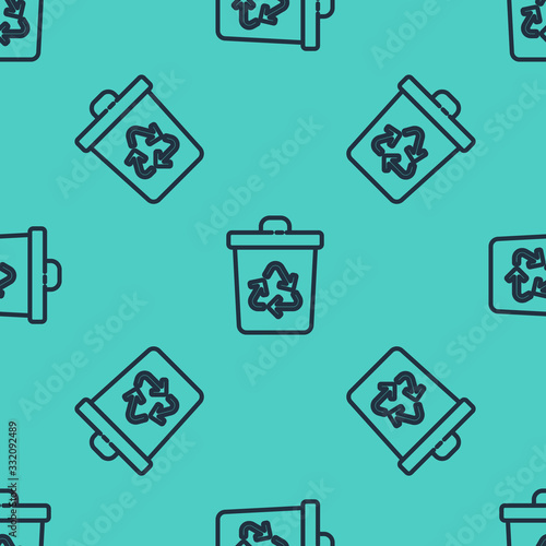 Black line Recycle bin with recycle symbol icon isolated seamless pattern on green background. Trash can icon. Garbage bin sign. Recycle basket sign. Vector Illustration