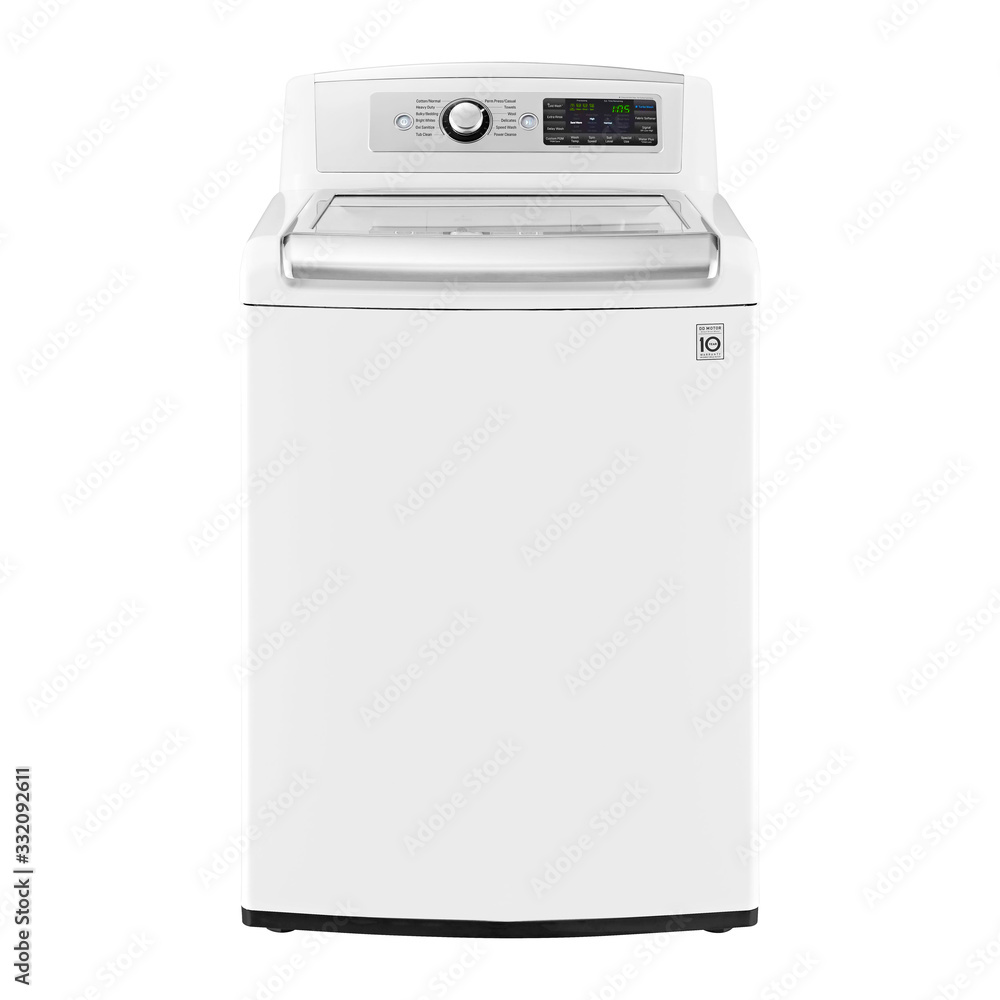 Top Loader Washing Machine Isolated on White. Front View of White Top