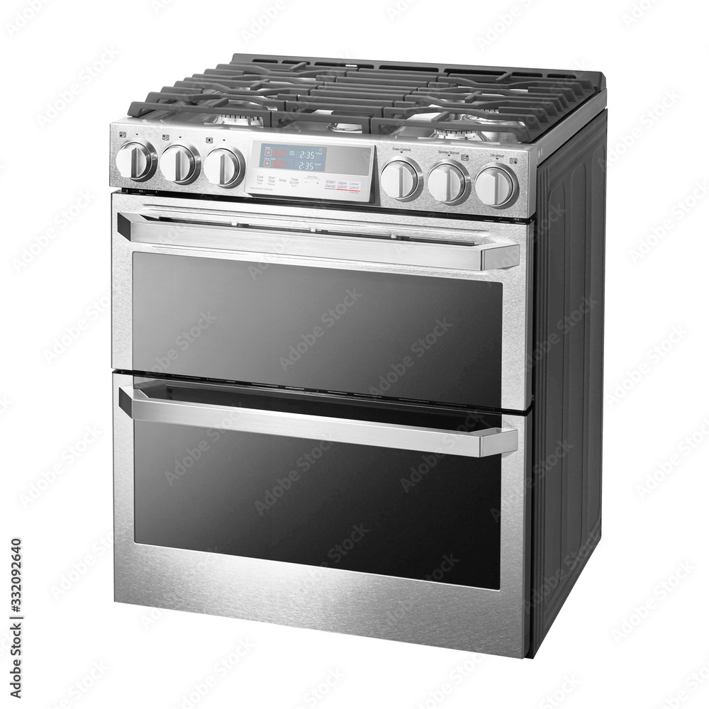 SlideIn Dual Fuel Range Isolated on White Background. Gas Range Cooker