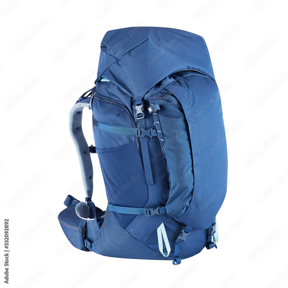 Alpine Backpack Isolated on White Background. Blue Trekking Rucksack. Travel Backpack. Climbing