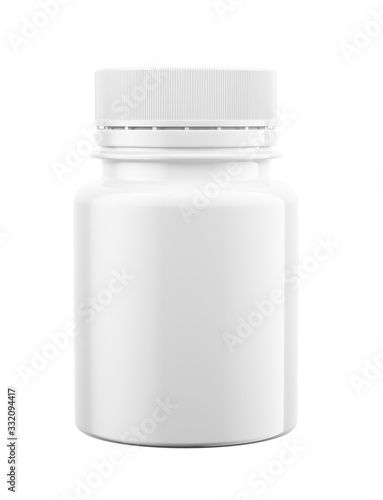 White Plastic bottle with round pills isolated on white background. Medical, cosmetic mockup. 3d rendering