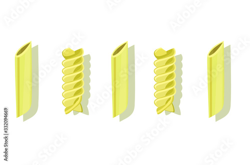 fusilli and penne symbol italian pasta food in row isolated on white background