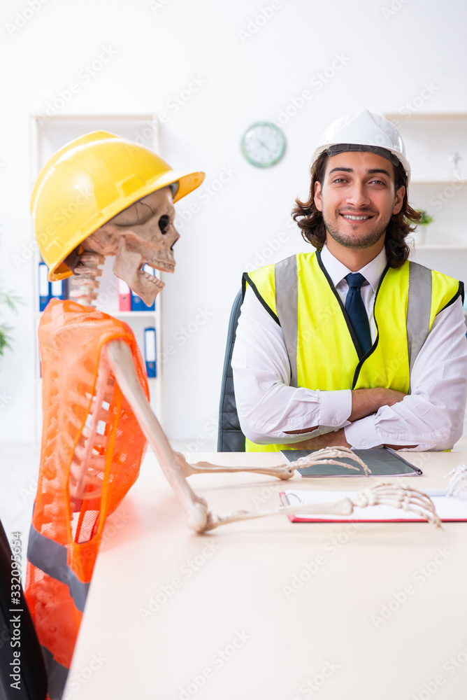Funny construction business meeting with boss and skeletons Funny construction business meeting with boss and skeletons