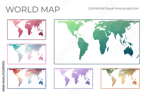 Low Poly World Map Set. Cylindrical equal-area projection. Collection of the world maps in geometric style. Vector illustration.