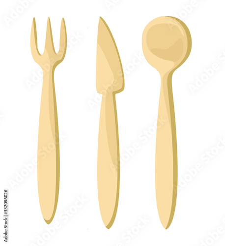 bamboo cutlery reuse takeaway no plastic wooden fork knife and spoon isolated on white background