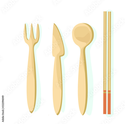 bamboo cutlery reuse takeaway no plastic wooden fork knife and spoon isolated on white background