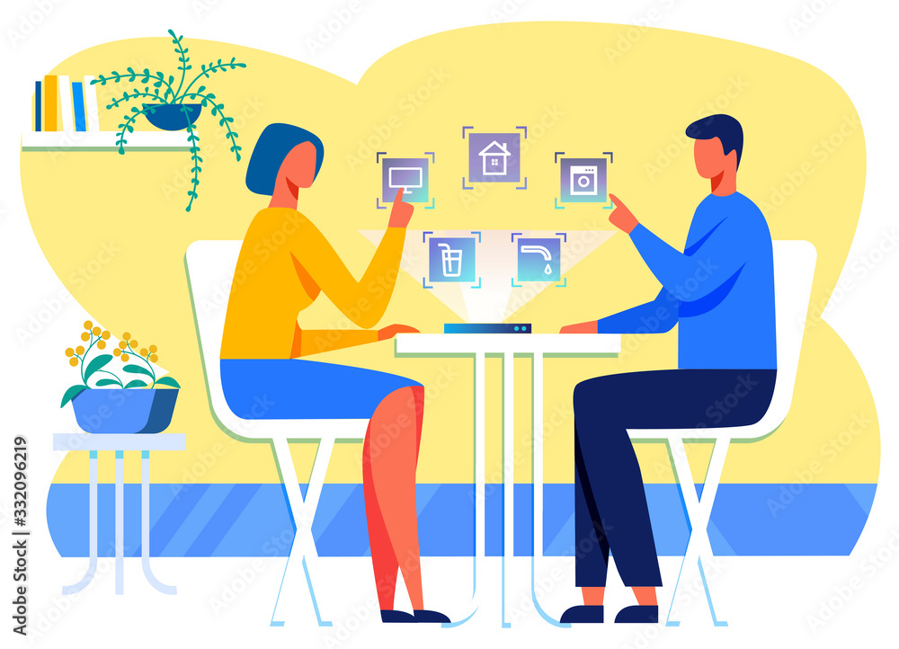 Flat Cartoon Family Using Interactive Interface for Smart House Control. Husband and Wife Sitting at Table in Dining Or Living Room. Flying Household Appliances Flat Icons. Vector Illustration