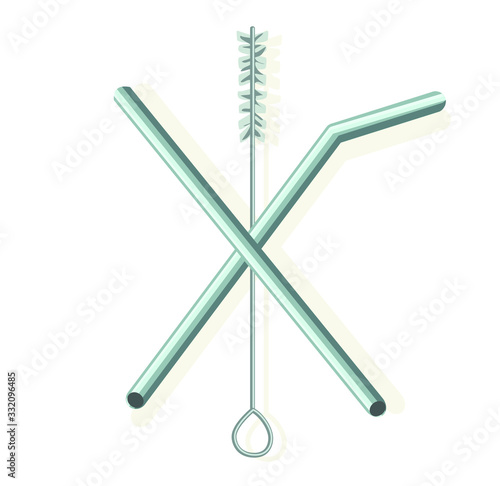 reusable eco think green metal straw two types with cleaner brush in shape cross isolated on white background