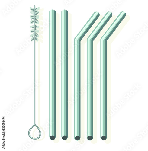 reusable eco think green metal straw two types with cleaner brush big set of many straws isolated on white background