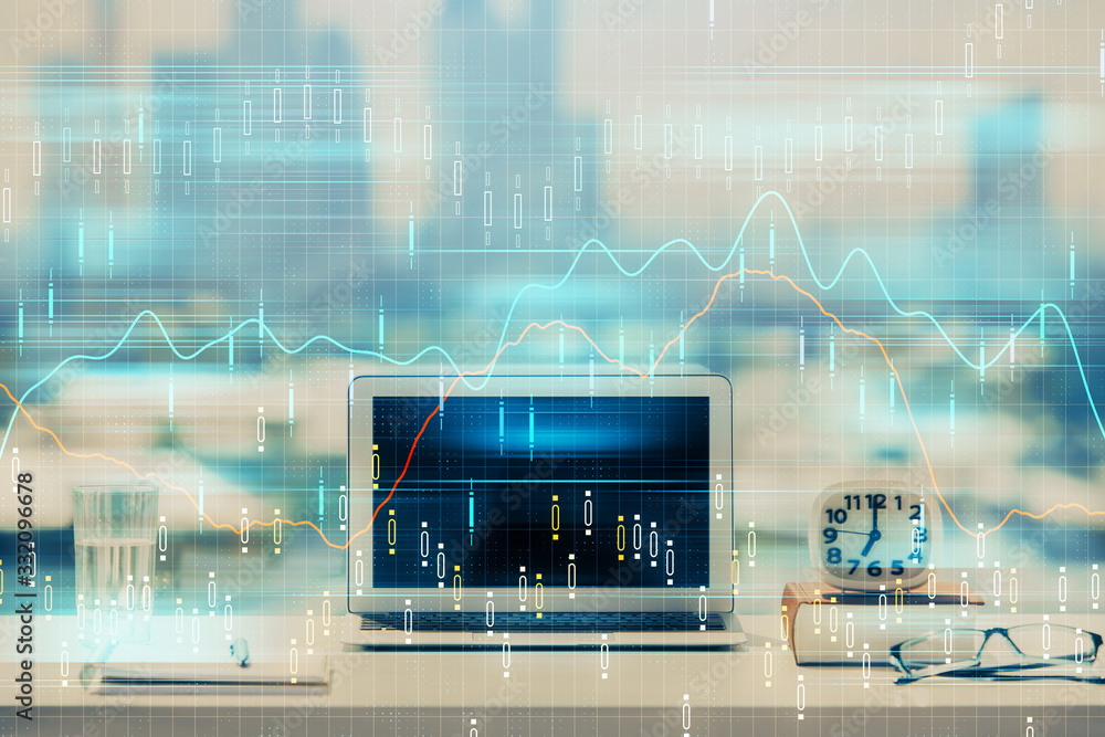 Stock market graph and table with computer background. Multi exposure. Concept of financial analysis. Stock market graph and table with computer background. Multi exposure. Concept of financial analysis.