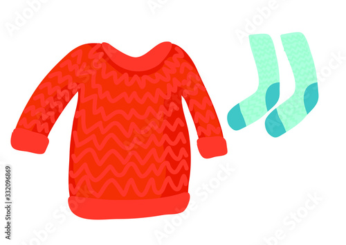 Photographie winter red knitted woolen sweatshirt and socks isolated on white background