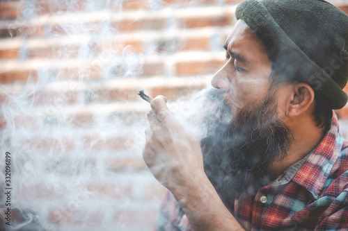 Canvas Print closed up mustache man smoke marijuanna joint