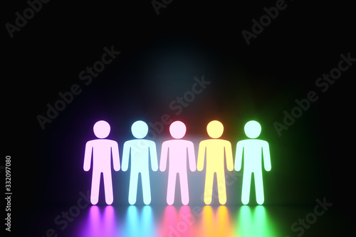 inclusion  a working group of five multi-colored icons of a human worker on a dark background. team building  cultural diversity  staffing decisions. 3D rendering  3D illustration  copy space.
