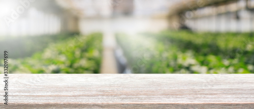 Empty wood table top and blurred green tree and vegetable in greenhouse of agricultural farms. background - can used for display or montage your products.