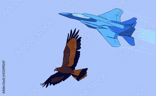 Sketch flying airplane and eagle on a background of blue sky. Suitable for logo, book, symbol, coloring