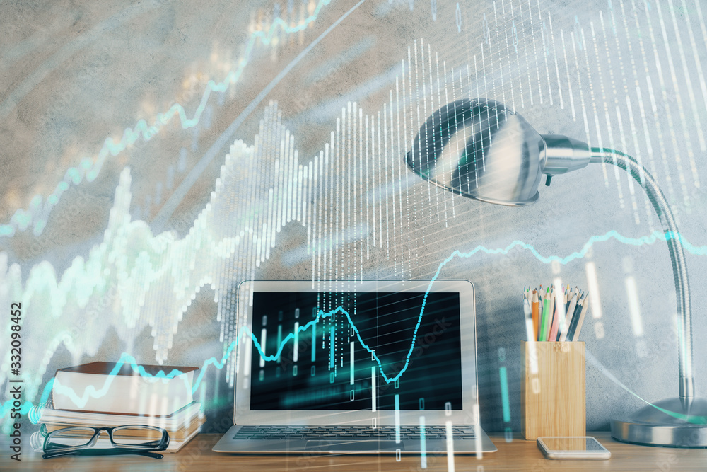 Multi exposure of chart and financial info and work space with computer background. Concept of international online trading. Multi exposure of chart and financial info and work space with computer background. Concept of international online trading.