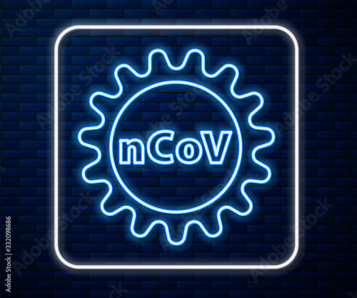 Glowing neon line Corona virus 2019-nCoV icon isolated on brick wall background. Bacteria and germs, cell cancer, microbe, fungi. Vector Illustration