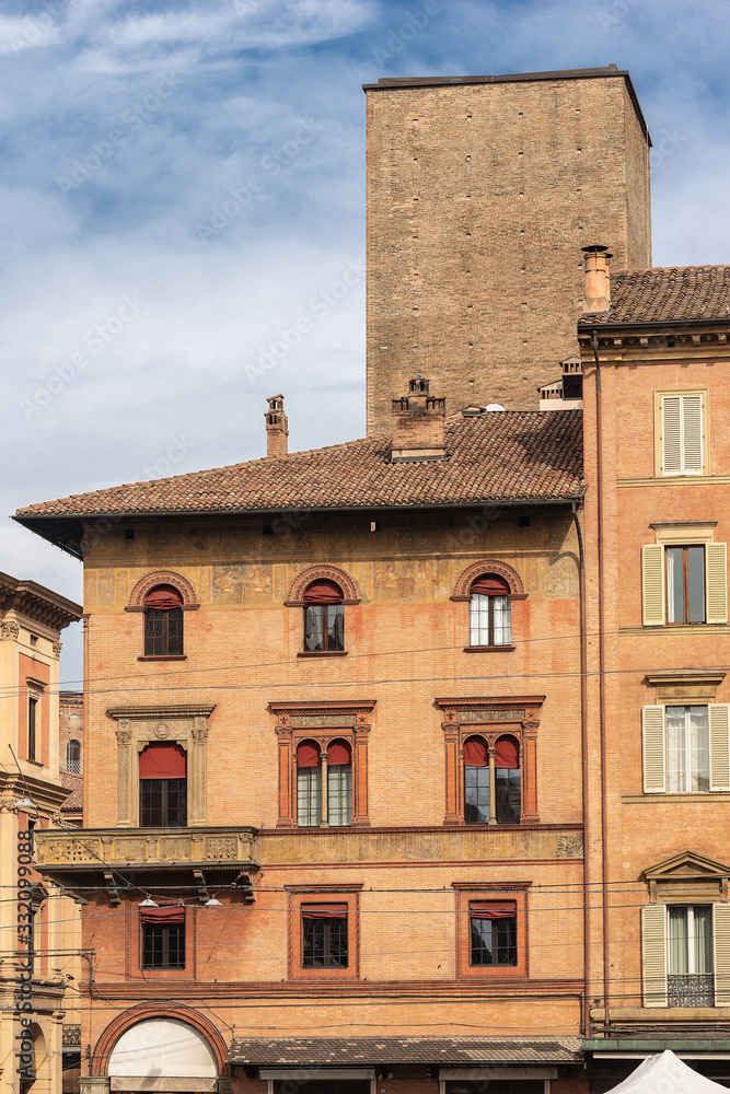 Palazzo and Torre degli Scappi, medieval tower and palace with frescoes (1219-1220) in Bologna downtown, Emilia-Romagna, Italy, Europe