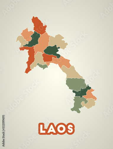 Laos poster in retro style. Map of the country with regions in autumn color palette. Shape of Laos with country name. Attractive vector illustration.