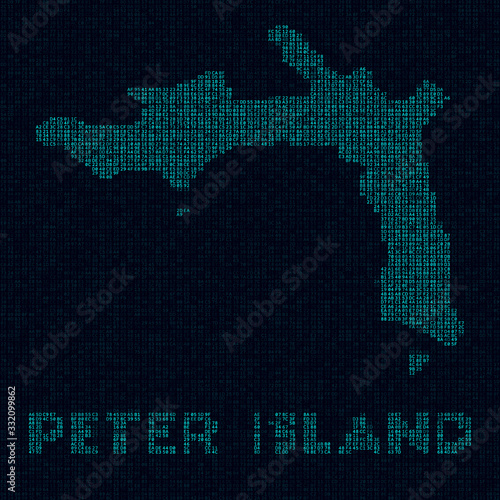 Peter Island tech map. Island symbol in digital style. Cyber map of Peter Island with island name. Radiant vector illustration.