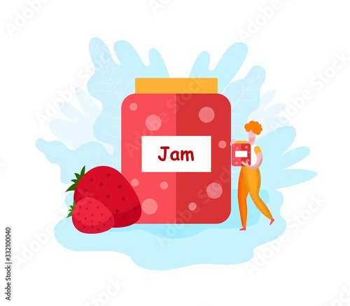 Woman near Jars with Strawberry Jam. Red Jam. Strawberry Berries on White Background. Vector Illustration. Organic Food. Produced Natural Products. Fresh Fruits. Organic Production. Healthy Lifestyle