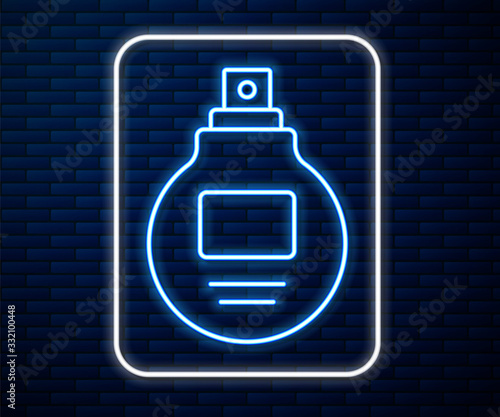 Glowing neon line Perfume icon isolated on brick wall background. Vector Illustration