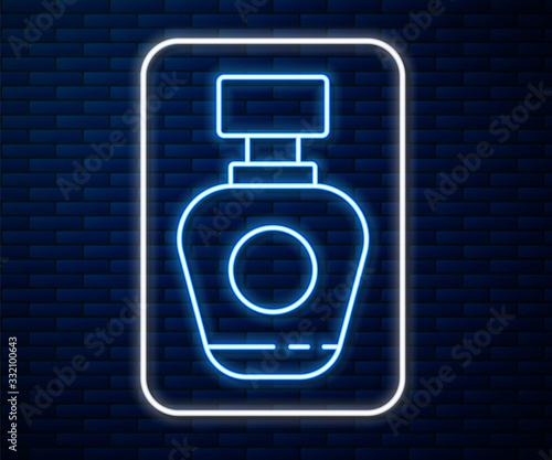 Glowing neon line Perfume icon isolated on brick wall background. Vector Illustration