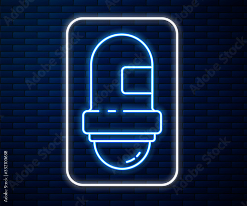 Glowing neon line Antiperspirant deodorant roll icon isolated on brick wall background. Cosmetic for body hygiene. Vector Illustration