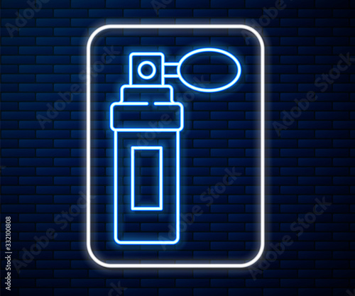Glowing neon line Perfume icon isolated on brick wall background. Vector Illustration