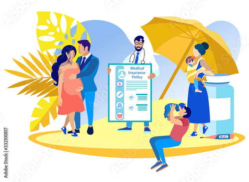 Vector Illustration Medical Insurance Obstetrics. Pediatrics Insurance Guarantee from Clinic and Insurance Company. Doctor Holds Large Document with Inscription Medical Insurance Policy.
