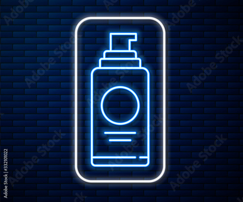 Glowing neon line Spray can for hairspray, deodorant, antiperspirant icon isolated on brick wall background. Vector Illustration
