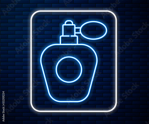 Glowing neon line Perfume icon isolated on brick wall background. Vector Illustration