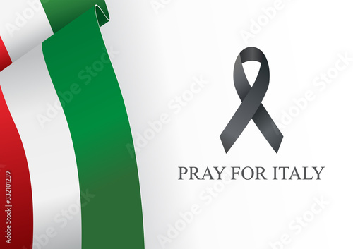 Pray for Italy concept, Illustration of Flag of Italy waving with black awareness ribbon
