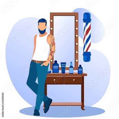 Tattooed Cool and Trendy Handsome Young Bearded Man Wearing Sleeveless T-shirt with Hand in Pockets Stand at Big Mirror with Cosmetics in Barbershop, Male Beauty Salon Cartoon Flat Vector Illustration