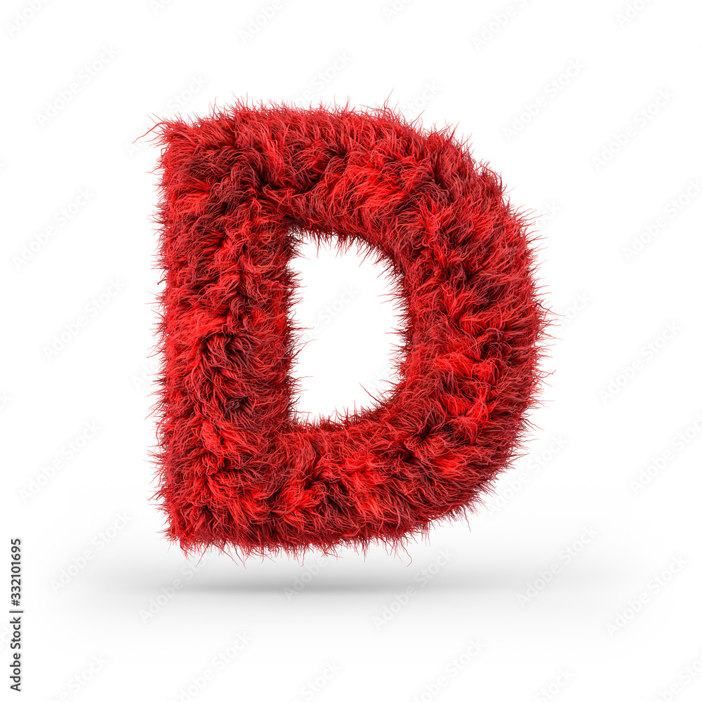 Capital letter D. Uppercase. Red fluffy and furry font. 3D Capital letter D. Uppercase. Red fluffy and furry font. 3D