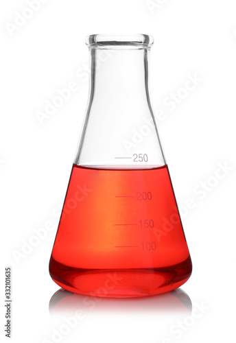 Conical flask with red sample isolated on white