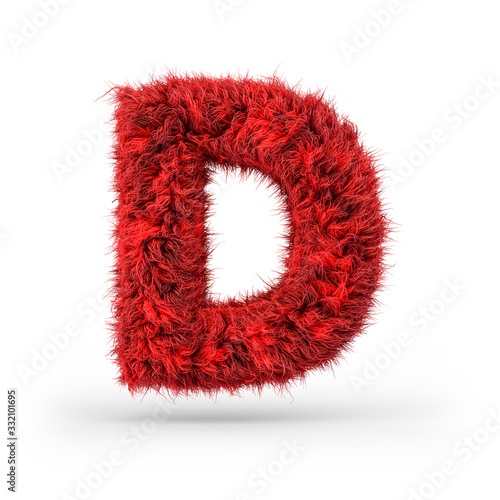 Capital letter D. Uppercase. Red fluffy and furry font. 3D