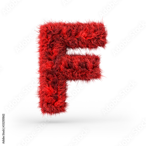 Capital letter F. Uppercase. Red fluffy and furry font. 3D