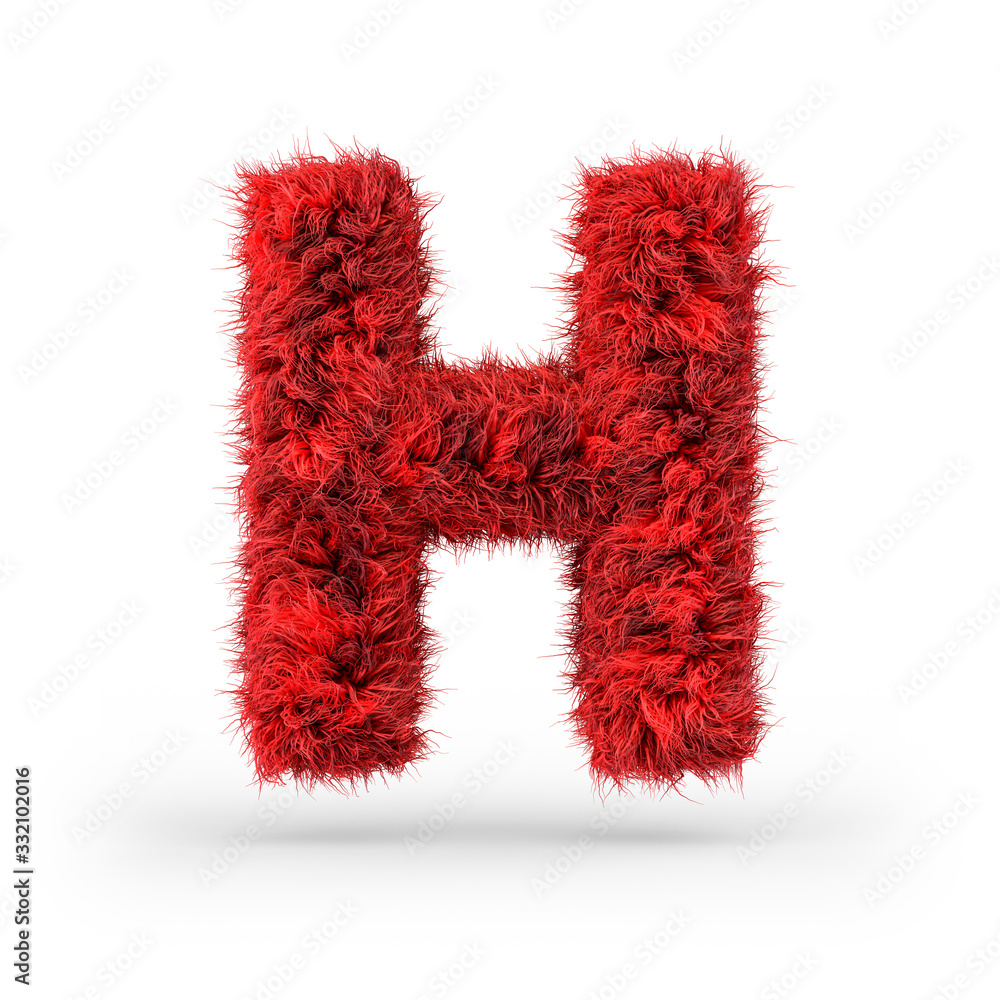 Capital letter H. Uppercase. Red fluffy and furry font. 3D