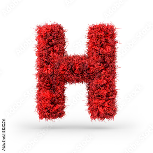 Capital letter H. Uppercase. Red fluffy and furry font. 3D