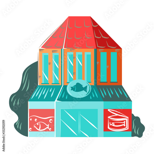 Residential house building exterior, facade architecture, two floors, brick tower flat vector illustration isolated on white. Old european cottage facade with widows, chimney and cobbler signboard.