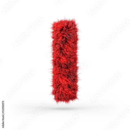 Capital letter I. Uppercase. Red fluffy and furry font. 3D