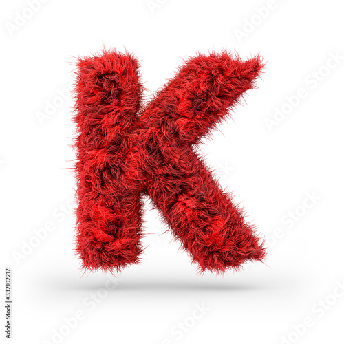 Capital letter K. Uppercase. Red fluffy and furry font. 3D