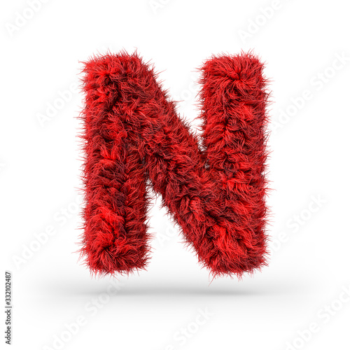 Capital letter N. Uppercase. Red fluffy and furry font. 3D