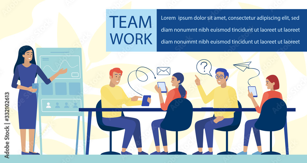 Teamwork and Application Development Flat Banner. Business Meeting and Conference. Female Speaker, Team Leader Reporting Analytics Results. People Communicating via Phones. Vector Illustration