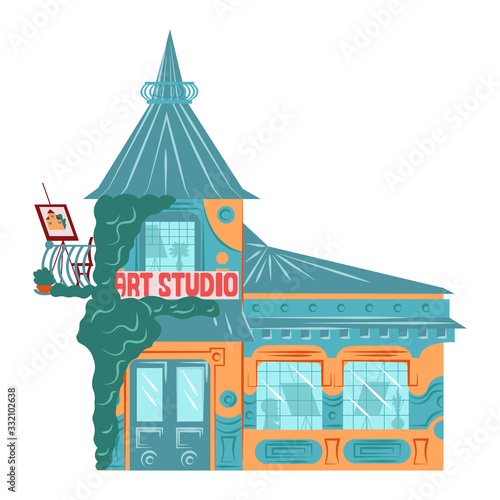 Residential house building exterior, facade architecture, two floors, brick tower flat vector illustration isolated on white. Old european cottage facade with widows, chimney and cobbler signboard.