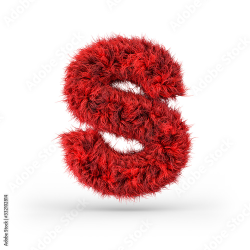 Capital letter S. Uppercase. Red fluffy and furry font. 3D