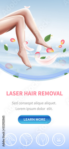 Woman Healthcare, Hygiene, Smooth Female Legs with Perfect Skin, Feathers and Petals. Laser Hair Removal Beauty Procedure, Medical Spa Clinic Flyer, 3D Vector Realistic Illustration, Vertical Banner